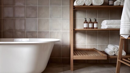 Poster - A minimalist bathroom featuring softhued tiles a freestanding tub with a simple wooden tray resting across it and clean airy shelves displaying neatly rolled towels and a couple of