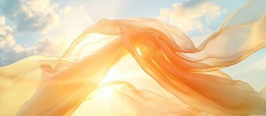 Fototapete - Translucent fabric gracefully dancing in sunlight against a backdrop of soft clouds creating a serene and uplifting atmosphere.