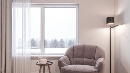 Aufkleber - A tranquil reading nook with a plush oversized chair in muted gray fabric a simple circular side table holding a steaming mug soft ambient lighting from a sleek floor lamp and