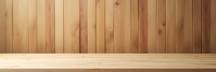 Poster - A minimalist wooden tabletop sits atop a wooden wall background, suitable for product displays or design visualizations._00002_