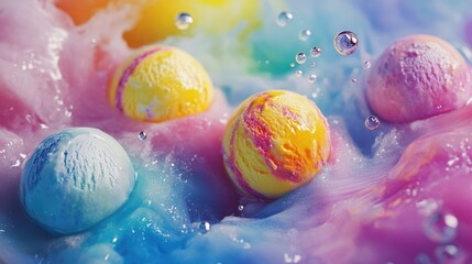Aufkleber - vibrant ice cream scoops in colorful pastel fluid with splashes and bubbles creating a playful and dreamy dessert scene