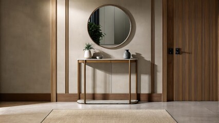 Poster - An entryway with a simple console table a round mirror above it and a few carefully p decorative items. The floor is polished concrete and a soft rug anchors the space creating a