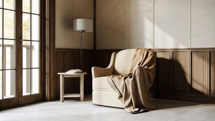 Aufkleber - A tranquil reading nook is adorned with a single oversized armchair wrapped in a warm textured fabric. A small side table holds a minimalist lamp while an open window allows
