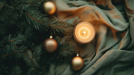 Poster - Christmas tree branches adorned with decorative ornaments and a lit candle on a soft fabric background for festive ambiance.