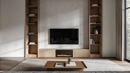 Aufkleber - A cozy corner of the living room with a minimalist fireplace flanked by builtin shelves displaying a few select decor items. A soft area rug lies underneath a low coffee table