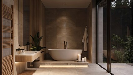 Poster - A tranquil bathroom with a freestanding tub surrounded by smooth earthtoned tiles complemented by a large mirror with softly rounded edges and minimalist fixtures creating a