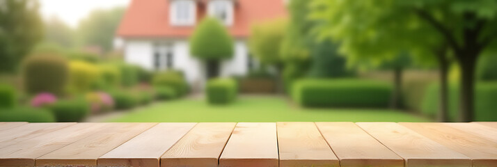 Aufkleber - A minimalist wooden tabletop is elegantly set against a blurred garden and house background in an artistic abstract style._00001_