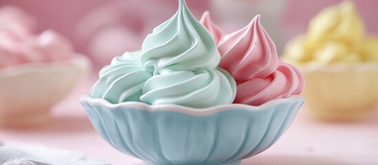 Aufkleber - Pastel colored meringue swirls in a vintage candy bowl on a soft pink background ideal for dessert and confectionery themes
