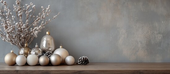 Aufkleber - Cozy holiday coffee setting with heart-shaped holder decorated by winter ornaments and blank paper on a marble background