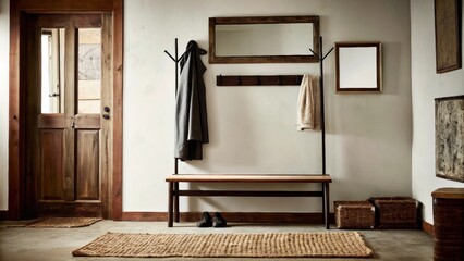 Poster - A charming entryway with a rustic wooden bench and a modern coat rack. The walls are adorned with a mix of contemporary art and vintage mirrors while a woven jute rug lies beneath