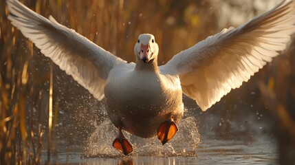 Poster - Majestic Goose in Flight Creating Ripples on Water Surrounded by Nature at Sunset