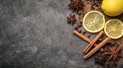 Poster - Festive tea arrangement with lemon, cinnamon sticks, and star anise on a rustic background for a cozy holiday atmosphere