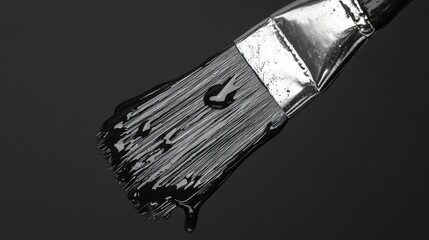 Aufkleber - Black and white close up of a paintbrush dripping with liquid paint against a dark background showcasing artistic tools and creativity.