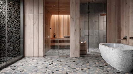 Aufkleber - A tranquil bathroom featuring smooth pebble tiles in shades of gray and brown a freestanding bathtub made of natural stone and wooden accents that evoke a spalike atmosphere.