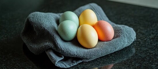 Aufkleber - Colorful Easter eggs arranged on a dark kitchen towel showcasing vibrant pastel hues and textures in a cozy kitchen setting.