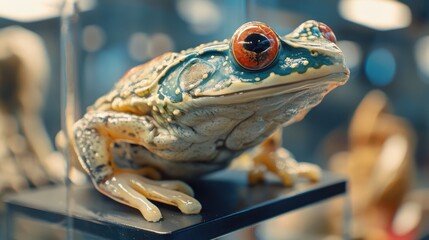 Poster - Close up of a detailed frog figurine showcasing vibrant colors on a display stand in a demonstration setting