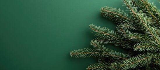 Aufkleber - Curved Christmas tree tip with fresh pine branches against a solid green background for festive holiday designs and winter themes