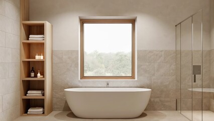 Aufkleber - A tranquil bathroom features a freestanding tub set against a smooth stone wall with a single narrow window revealing glimpses of nature outside. Simple wooden shelving displays a