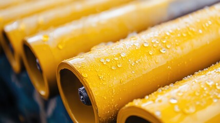 Poster - Close up of yellow industrial rollers with water droplets reflecting light on a smooth surface showcasing their texture and detail.