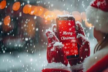 Aufkleber - A Santa-gloved individual is holding a phone with the words 