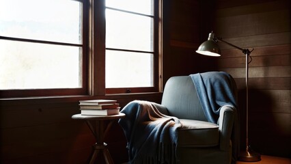 Aufkleber - A cozy reading nook features a lowprofile armchair draped in a soft blanket positioned next to a large window. A small side table holds a stack of books while an industrialstyle