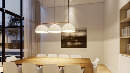 Poster - The dining area is anchored by a long wooden table surrounded by simple white chairs. A statement pendant light with an exposed bulb hangs overhead while a large piece of