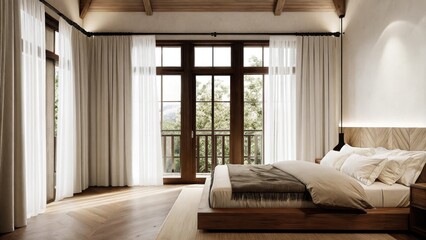 Poster - A serene bedroom with a lowprofile bed dressed in soft muted linens complemented by a lighttoned wooden headboard and large windows framed by white curtains that allow soft