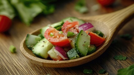 Aufkleber - Wooden spoon holding fresh mixed vegetable salad on wooden table top background