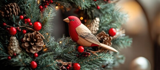 Aufkleber - Festive Christmas wreath adorned with wooden bullfinch decoration and natural elements like pine cones and berries for holiday charm