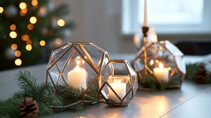 Aufkleber - Elegant Christmas table arrangement featuring geometric glass terrariums, candles, and evergreen branches creating a festive atmosphere.