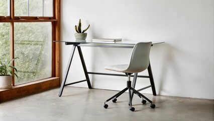 Aufkleber - A streamlined workspace features a simple desk made of glass and steel positioned near a window. An ergonomic chair with a minimalist design complements the uncluttered atmosphere