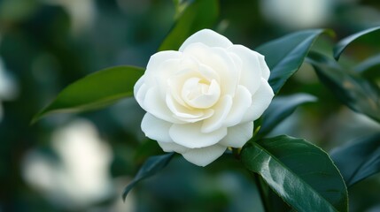 Aufkleber - Delicate white flower with dark green leaves in focus against a softly blurred background showcasing natural beauty and tranquility.