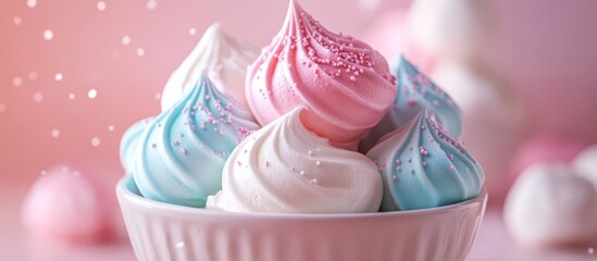 Aufkleber - Pastel colored meringue cookies in a decorative bowl with a soft blurred background for a sweet aesthetic presentation