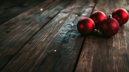 Aufkleber - Christmas themed red ornaments beautifully arranged on a rustic wooden table with warm lighting creating a festive atmosphere