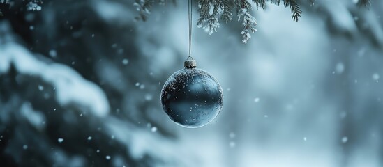 Poster - Christmas ornament hanging on a snowy tree with soft winter lighting creating a serene festive atmosphere in a winter wonderland scene