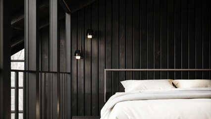 Poster - A serene bedroom with a steelframed bed dressed in soft linens positioned against a wall of reclaimed wood panels. The room is accented with metal light fixtures that contrast