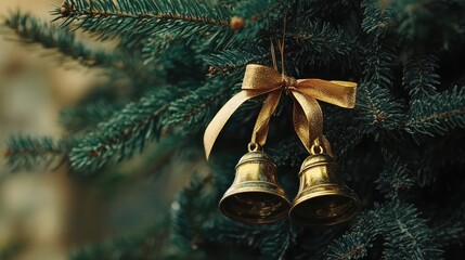 Aufkleber - Vintage Christmas Tree Decoration with Golden Bells and Elegant Ribbon on Evergreen Branches