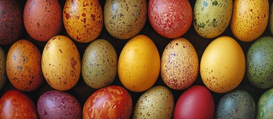 Aufkleber - Natural dyed colorful Easter eggs arranged in a decorative display showcasing vibrant earthy tones and unique textures for spring celebrations
