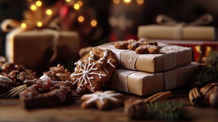 Poster - Christmas cookies and spices arranged beautifully with gift boxes creating a festive home atmosphere for the holiday season