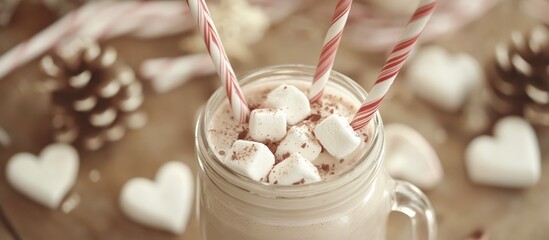 Poster - Cozy winter cocoa with marshmallows and candy cane straws in a jar surrounded by festive decor and hearts on a wooden table close up