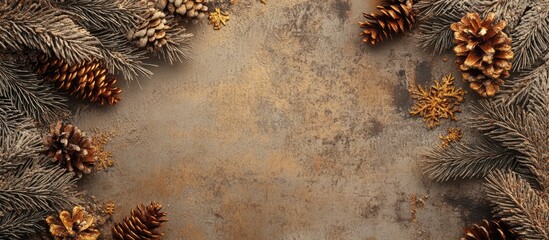Aufkleber - Festive flat lay backdrop with fir tree branches and golden cones on a textured wooden surface perfect for Christmas or New Year celebrations