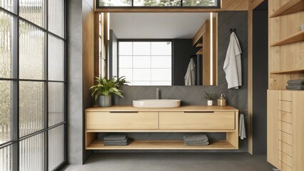 Poster - A minimalist bathroom showcasing a sleek steel vanity with a wooden countertop and basin. Natural light filters through frosted glass creating a serene atmosphere enhanced by