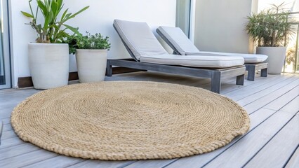 Poster - A relaxed outdoor terrace with a wooden deck furnished with an oversized jute rug modern lounge chairs in muted natural tones and potted plants that bring together earthy elements