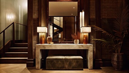 Poster - A chic entryway with a concrete console table displaying earthy dÃ©cor pieces a large mirror with a wooden frame and a bench upholstered in natural fabrics all framed by a backdrop