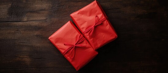 Poster - Red Christmas gift boxes elegantly wrapped with bows resting on a rustic dark wooden background for holiday celebrations and warm gifting moments