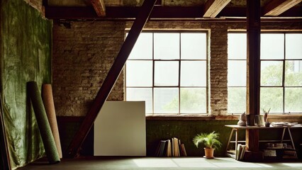 Aufkleber - An artistic studio space featuring an open layout where large windows flood the room with natural light highlighting the textured brick walls and weathered wooden beams that add