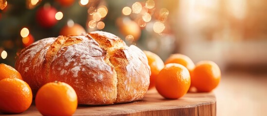 Poster - Christmas Bread Surrounded by Tangerines and Blurry Holiday Lights in a Cozy Setting