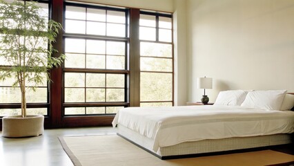 Aufkleber - A serene bedroom with a platform bed dressed in crisp white linens against a sundrenched wall. Two large windows invite natural light showcasing a single potted plant on the floor