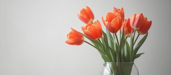 Aufkleber - Vibrant arrangement of orange tulips in a clear glass vase showcasing elegance and freshness against a minimalist white background