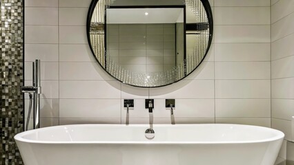 Poster - A modern bathroom featuring a deep soaking tub surrounded by shiny metal fixtures with a wallmounted mirror that reflects an intricate metallic mosaic enhancing the minimalist